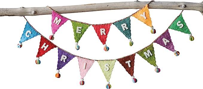 Creative Co-Op Multicolor Banner Style Wool Felt Merry Christmas Poms Garland | Amazon (US)