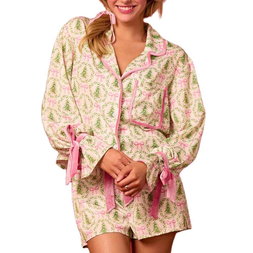 KOSUSANILL Valentine's Day Pajamas for Women 2 Piece Bow Pajama Set Tie Cuff Long Sleeve Cute But... | Amazon (US)