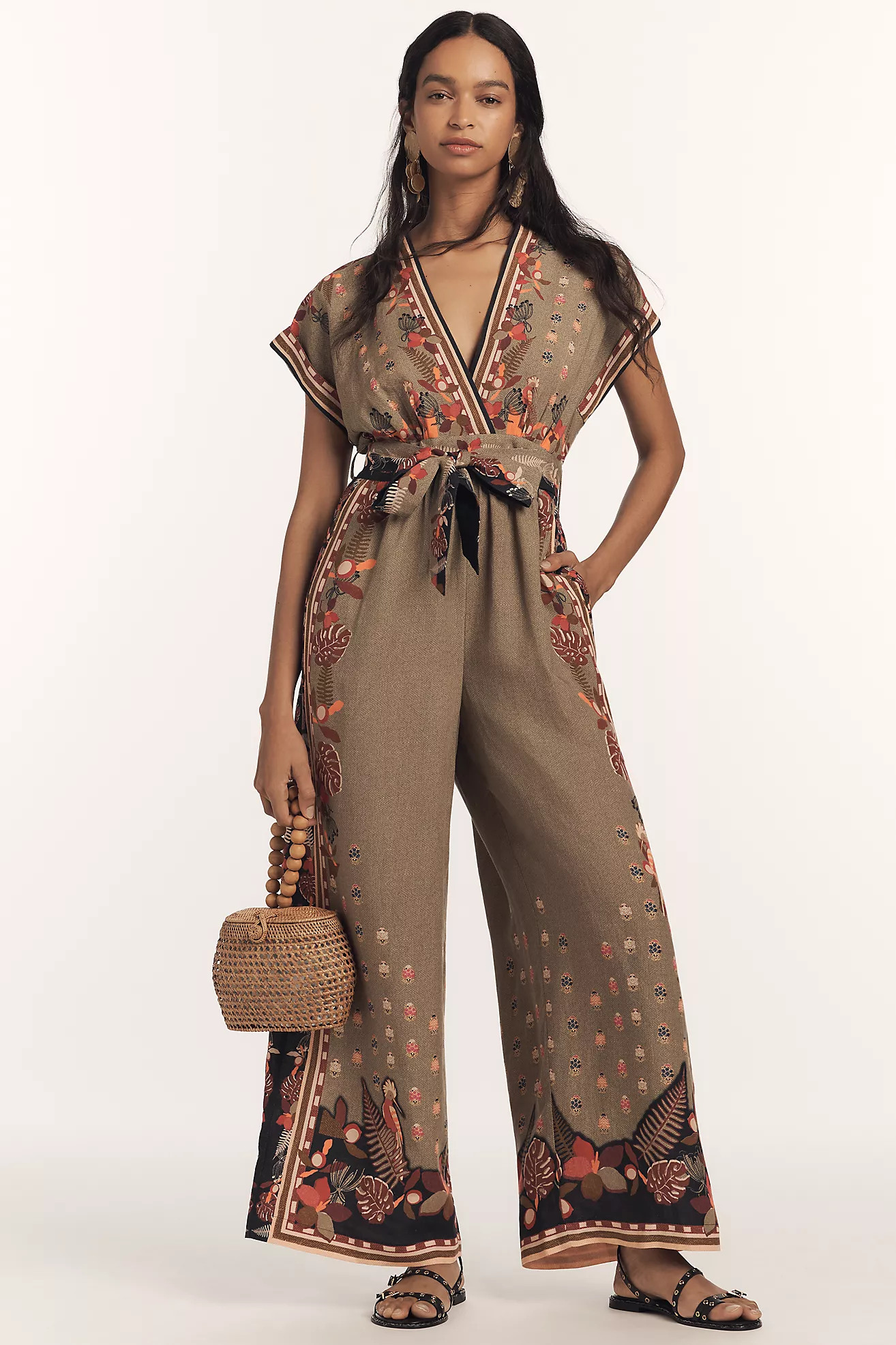 Ranna Gill Linen Blend V-Neck Printed Wrap Wide-Leg Jumpsuit | Anthropologie (US)