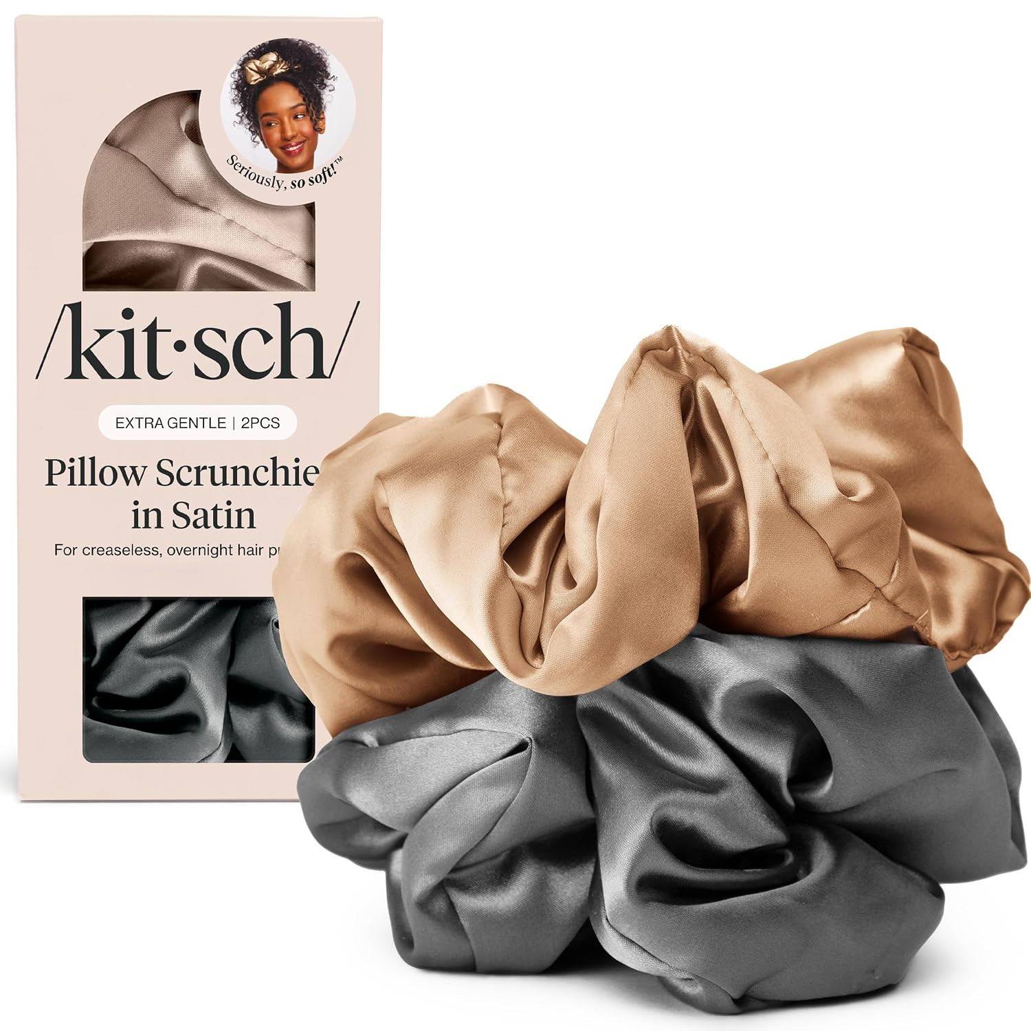 Kitsch Satin Scrunchies for Women - No Crease Hair Ties for Girls | Scrunchies For All Hair Types and Textures, Perfect for Day or Night - 2 Pcs, Charcoal and Gold | Amazon (US)