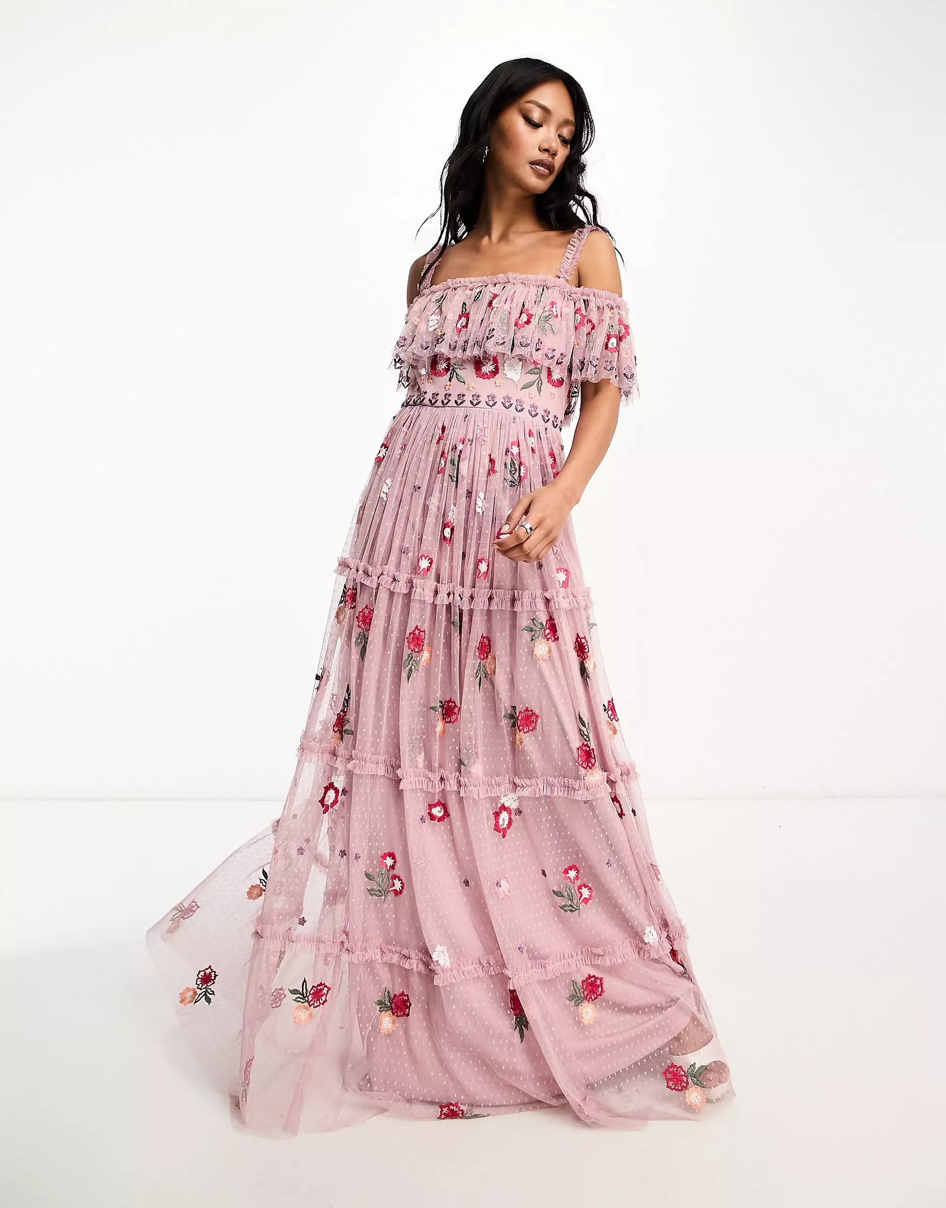 Maya Premium embroidered bardot maxi dress with full skirt in pink multi | ASOS (Global)