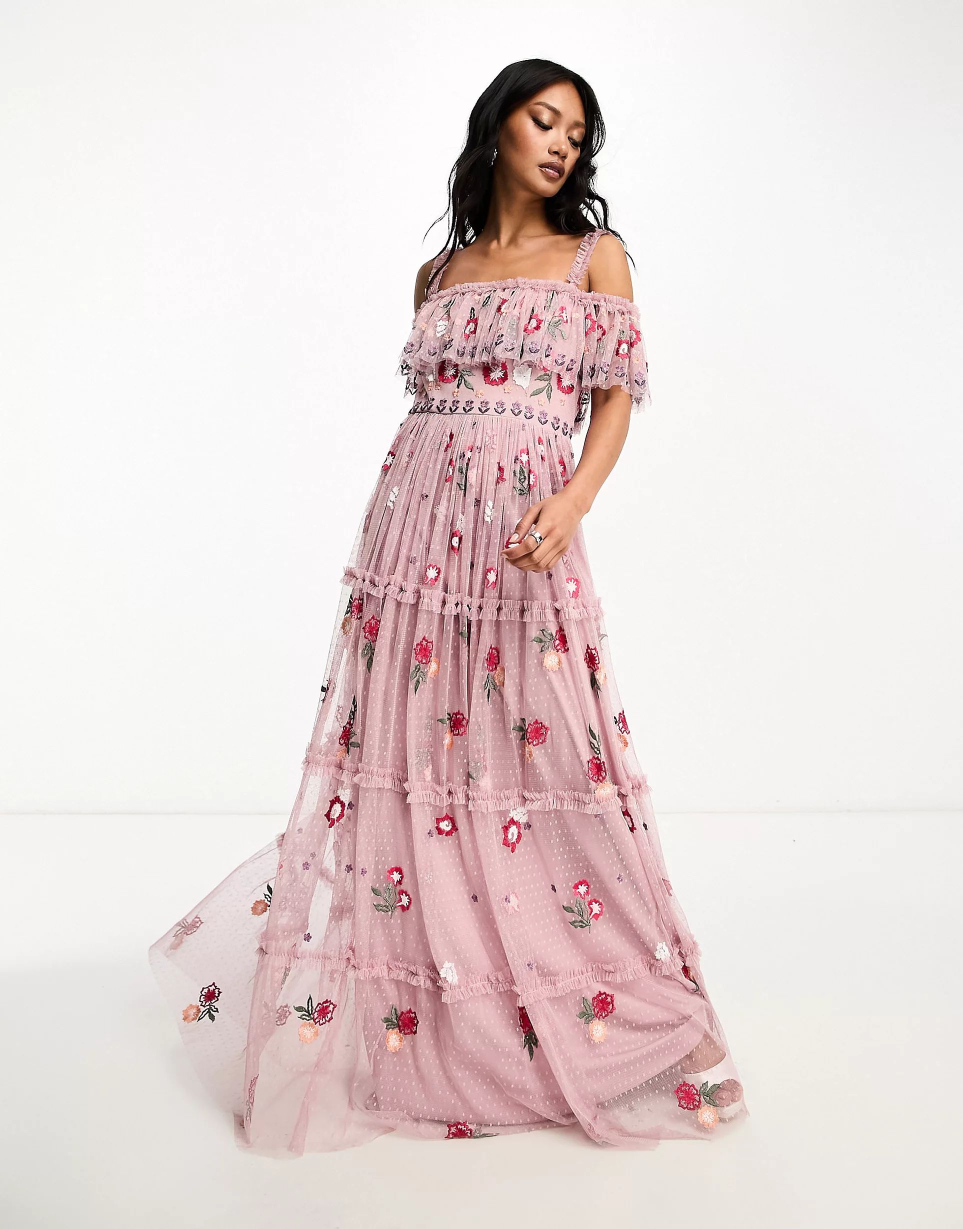 Maya Premium embroidered bardot maxi dress with full skirt in pink multi | ASOS (Global)