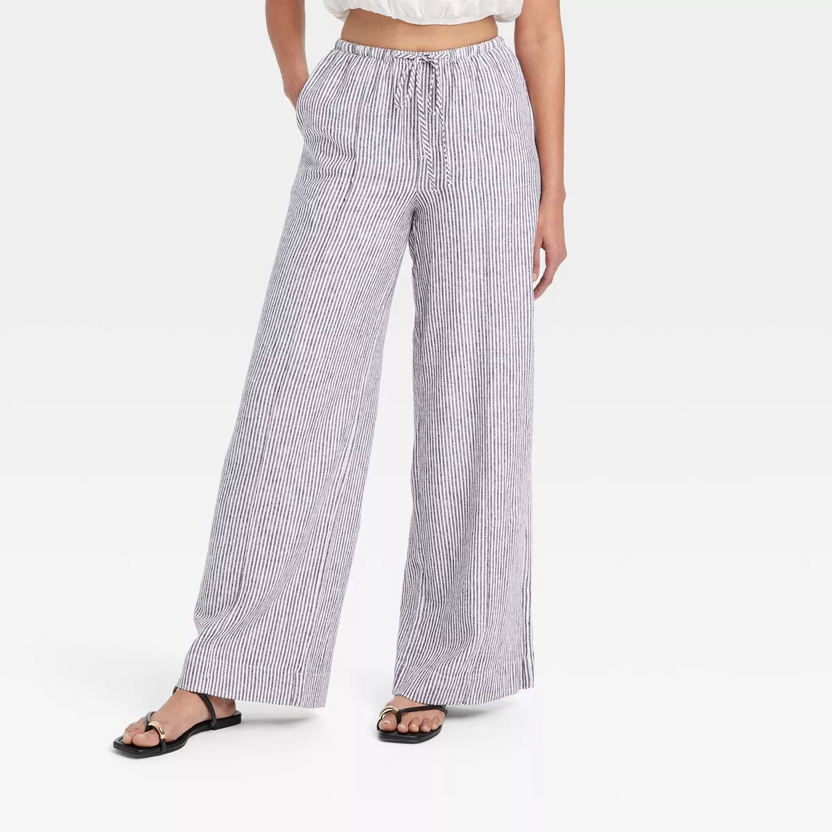 Women's High-Rise Wide Leg Linen Pull-On Pants - A New Day™ Black/White Striped L | Target