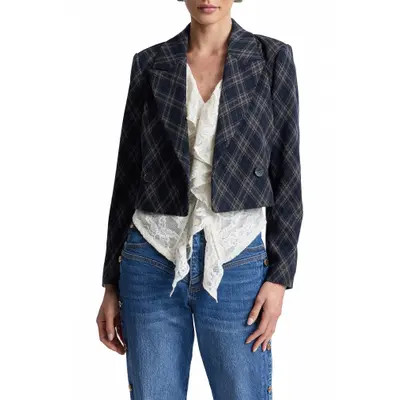 Avec Les Filles Plaid Double Breasted Cropped Blazer in Navy Plaid Argyle at Nordstrom, Size Medium | Nordstrom
