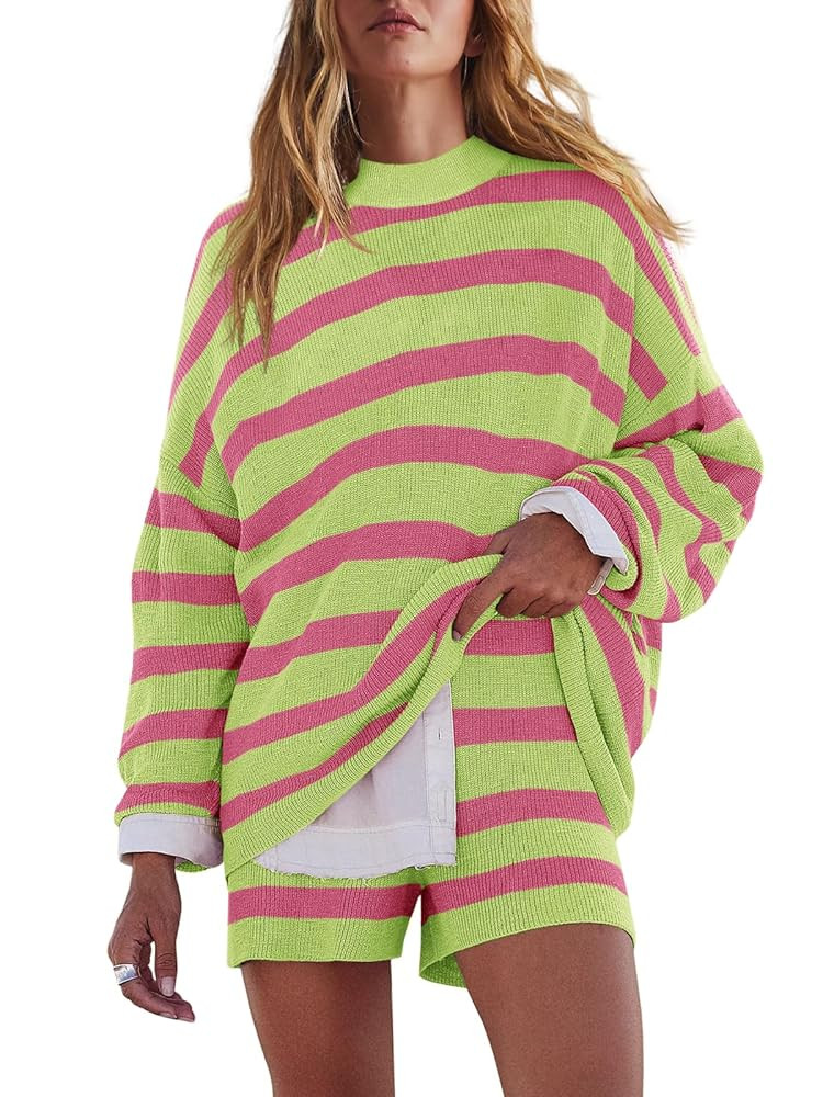 LAMISSCHE Womens Oversized Lounge Sets 2 Piece Outfits Striped Matching Pajama Set Long Sleeve Sw... | Amazon (US)