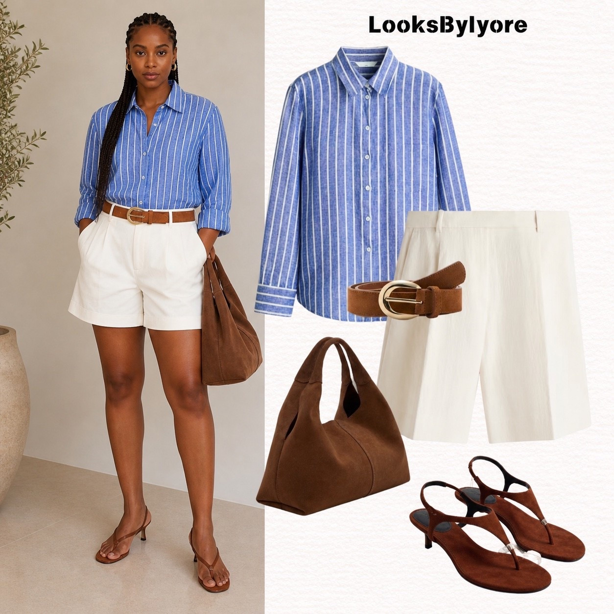 Striped shirt for spring and summer, Bermuda shorts, brown sandals and suede bag and brown belts  

#LTKshoes #LTKstyletip #LTKcanada