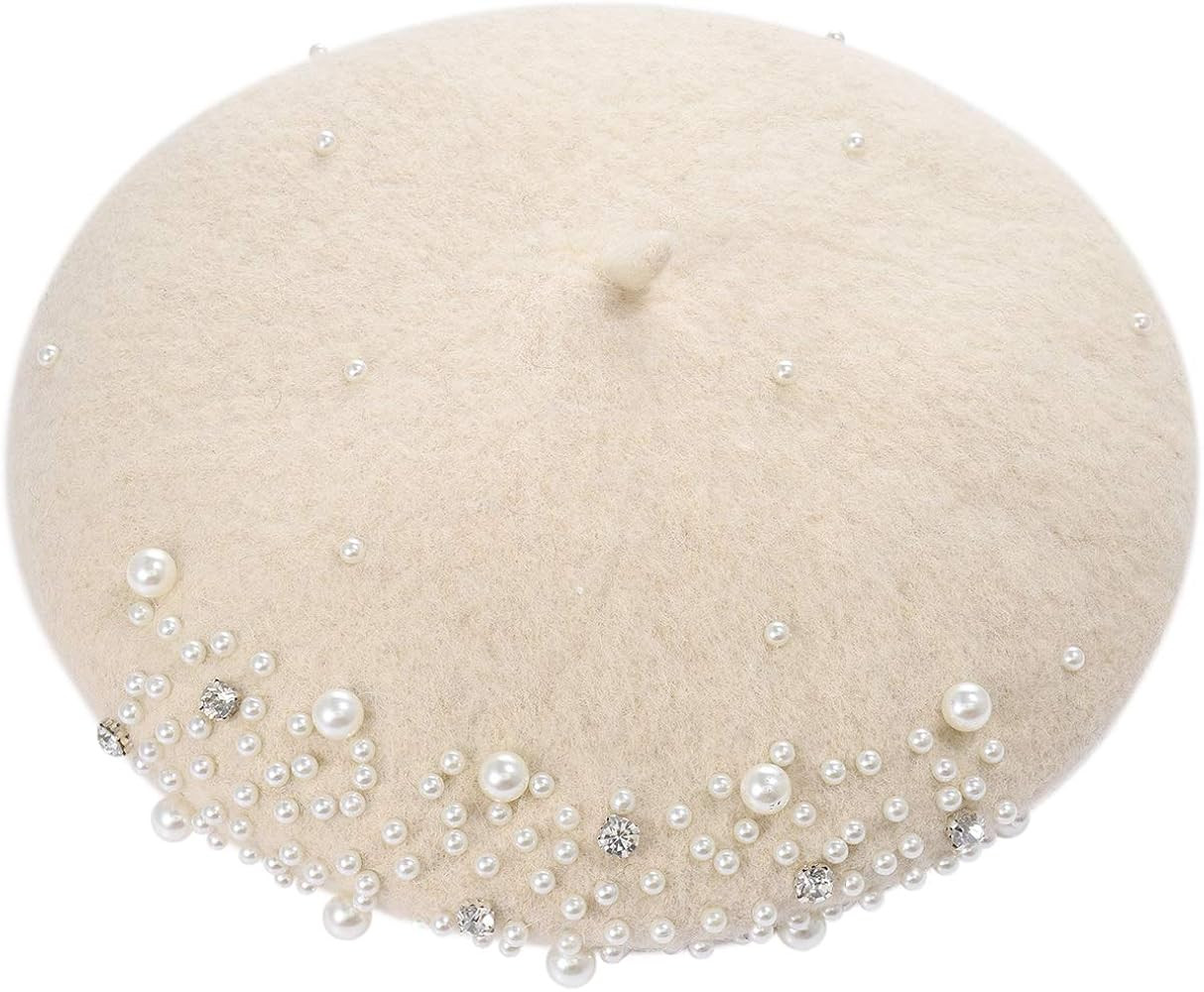 boderier Womens Beret Hat Pearl Rhinestone Wool Winter Warm Beanies Hat French Artist Hats with H... | Amazon (US)