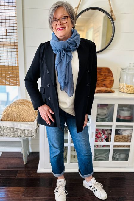 Kick up your beige sweater and jeans a notch. 
Adding a pretty scarf and or black jacket elevates your everyday outfit. #elevateyourbasics #beigesweaterandjeans #elevateyouroutift #ootd

#LTKover40 #LTKstyletip