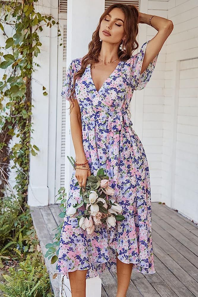 PRETTYGARDEN Women's Floral Summer Dress Wrap V Neck Short Sleeve Belted Ruffle Hem A-Line Bohemian  | Amazon (US)