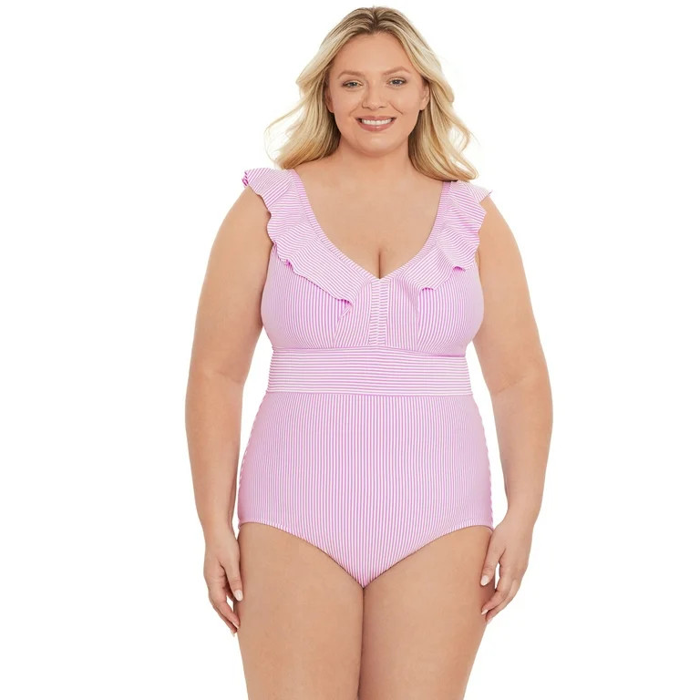 Time and Tru Women’s Ruffle Seersucker One Piece Swimsuit, Sizes XS-3X | Walmart (US)