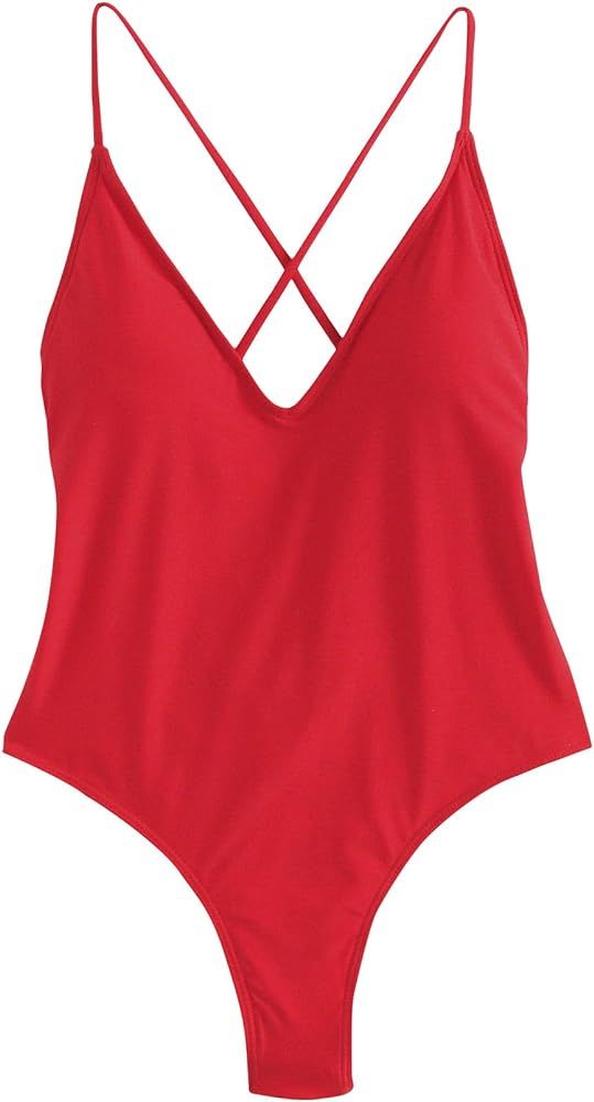 SweatyRocks Women's Sexy Bathing Suits Solid Color Criss Cross- Amazon Swimsuit - Red Swimsuit | Amazon (US)