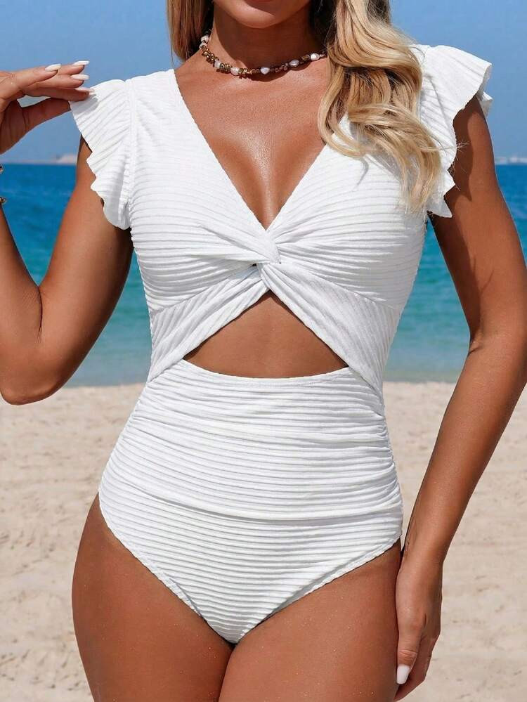 Swim Lushoire 1pc White Backless Twist Ruffle Trim Casual Vacation Party Beach Romper Swimsuit For Women, Spring/Summer | SHEIN