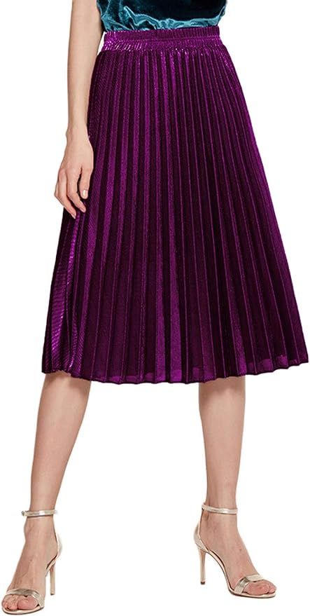 CHARTOU Women's Premium Metallic Shiny Shimmer Accordion Pleated Long Maxi Skirt | Amazon (US)