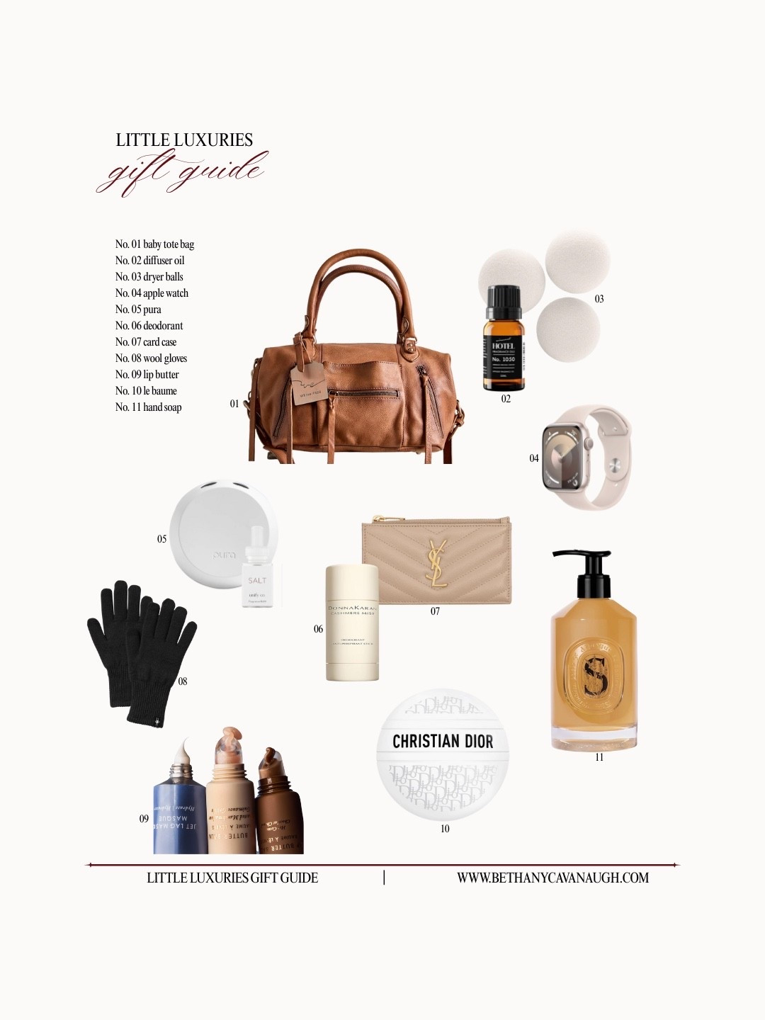 { little luxuries gift guide ⋆.𐙚 ̊

No. 01 we the free baby emerson leather tote bag
No. 02 hotel no. 1050 diffuser oil 
No. 03 wool dryer balls
No. 04 apple watch
No. 05 pura
No. 06 cashmere mist deodorant
No. 07 saint laurent card case w. zipper 
No. 08 smartwool gloves
No. 09 summer fridays holiday trio
No. 10 dior le baume
No. 11 diptyque softening hand soap

Bougie Gift Guide . Gifts for Her . Luxe Gift Guide . Soft Aesthetic . Gift Guide for Her } 

#LTKGiftGuide #LTKBeauty #LTKHoliday