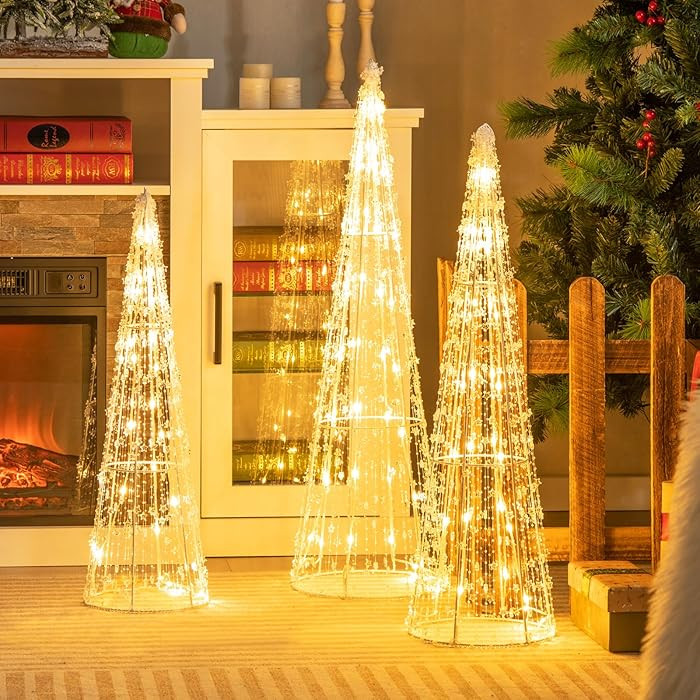 Tangkula Set of 3 Lighted Christmas Cone Trees, Xmas Decorative Conic Tree Set with Star Strings,... | Amazon (US)