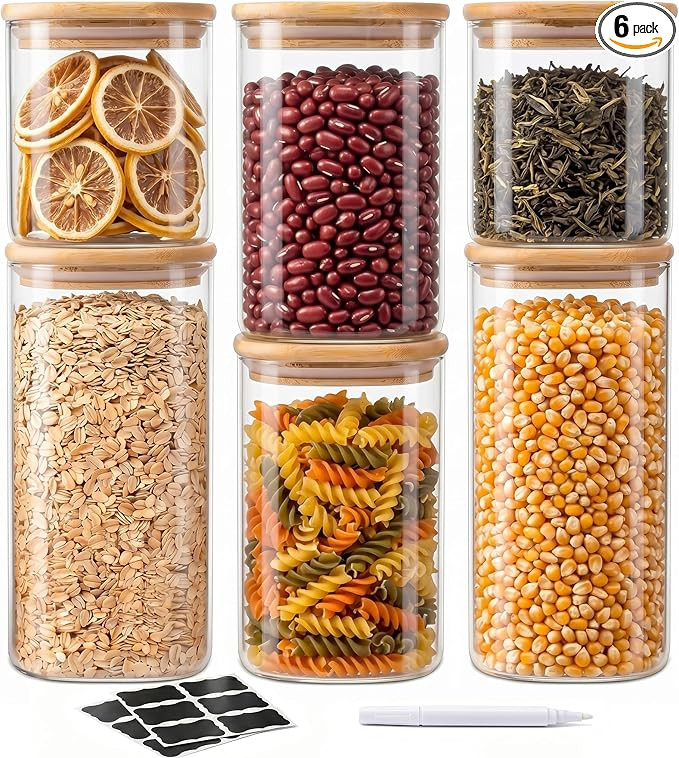 SENTVEND 24 Oz/ 37 Oz/ 51 Oz Glass Storage Jars with Bamboo Lids - 6 Pack Clear Glass Canisters S... | Amazon (US)