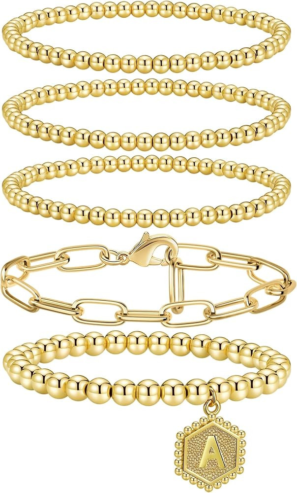 Gold Beaded Bracelet for Women - 14K Real Gold Plated Bead Bracelet Stretchable Elastic Chain Bal... | Amazon (US)