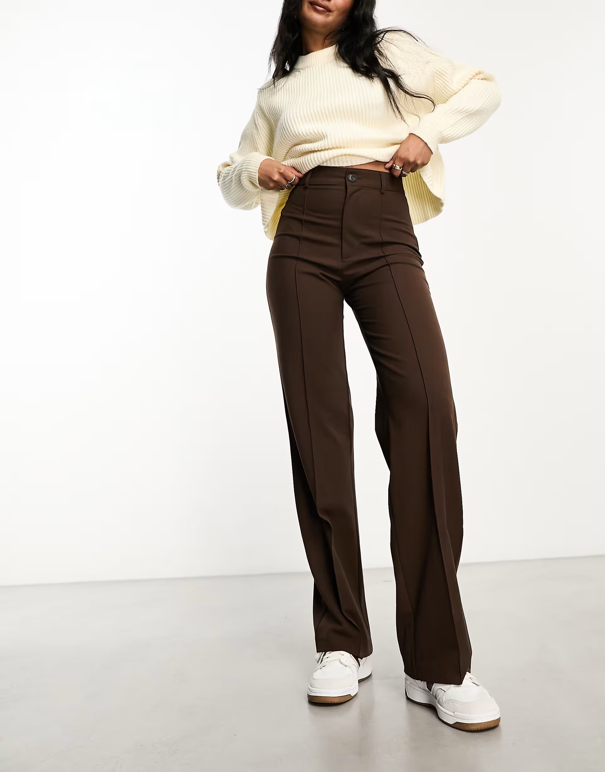 Pull&Bear high waisted tailored straight leg trouser with front seam in chocolate brown | ASOS (Global)