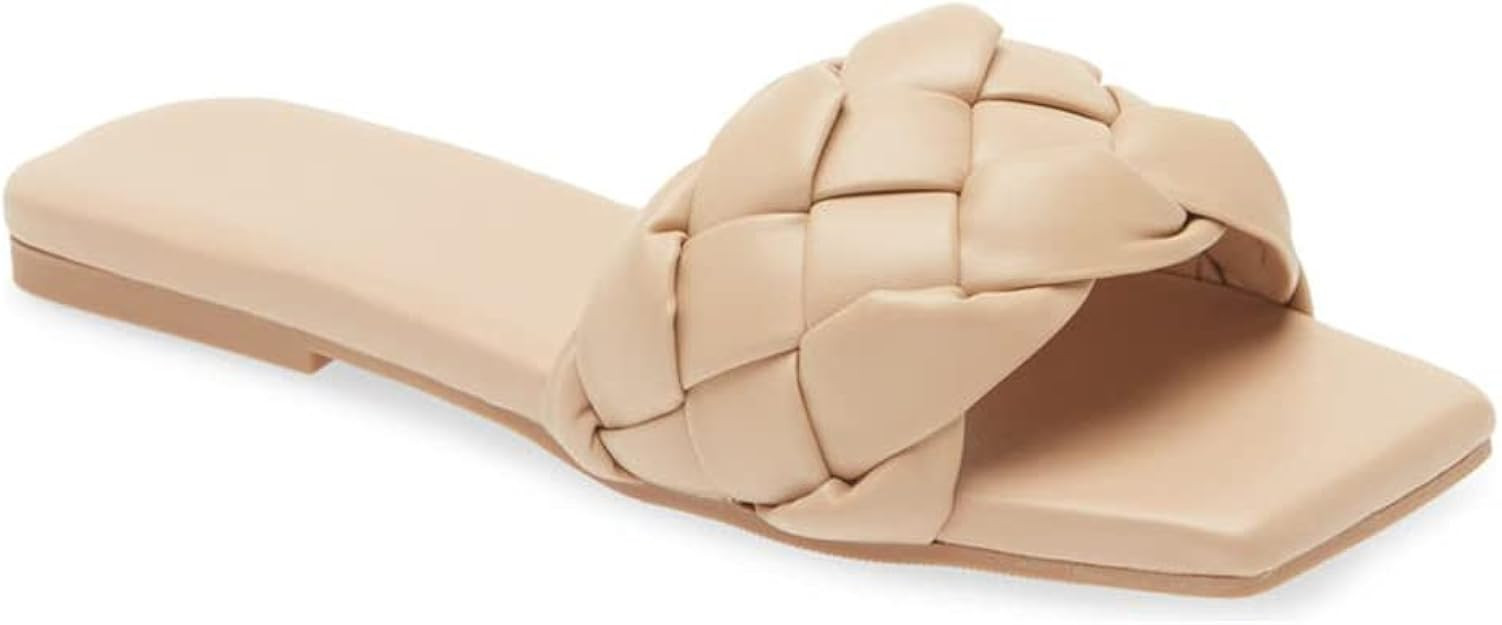 Womens Square Open Toe Cute Braided Strap Flat Sandals Summer Casual Slip On Slides | Amazon (US)