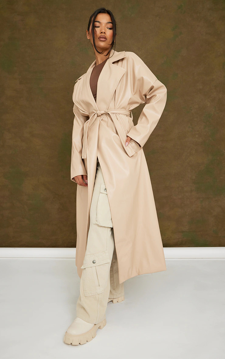 Stone Oversized Drop Shoulder Faux Leather Trench | PrettyLittleThing US