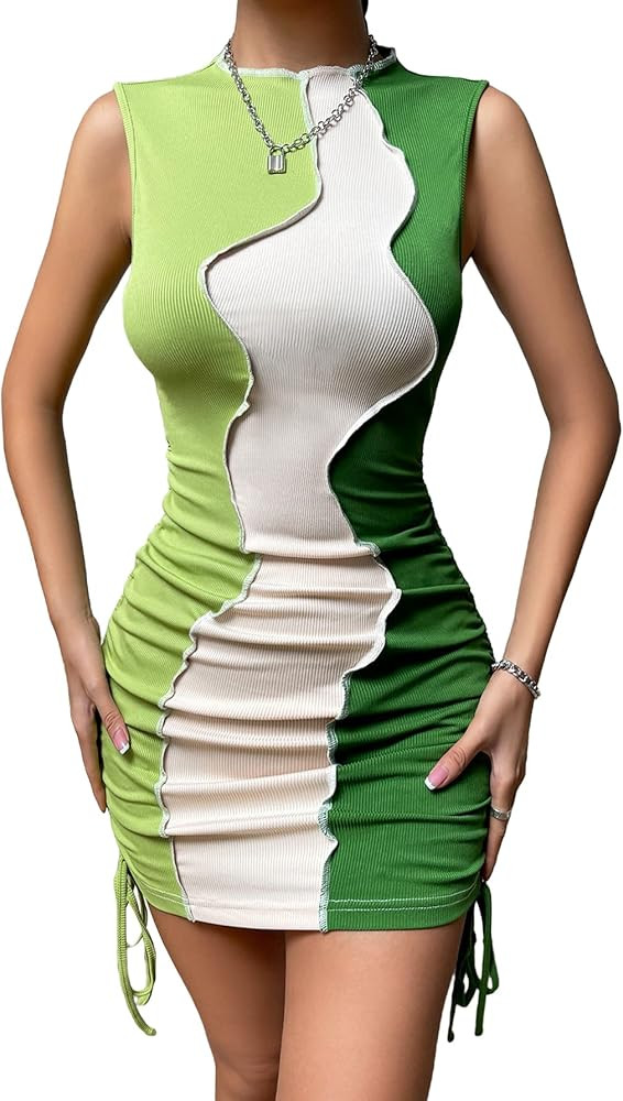 GORGLITTER Women's Color Block Ruched Bodycon Mini Dress Drawstring Round Neck Sleeveless Tank Dr... | Amazon (US)