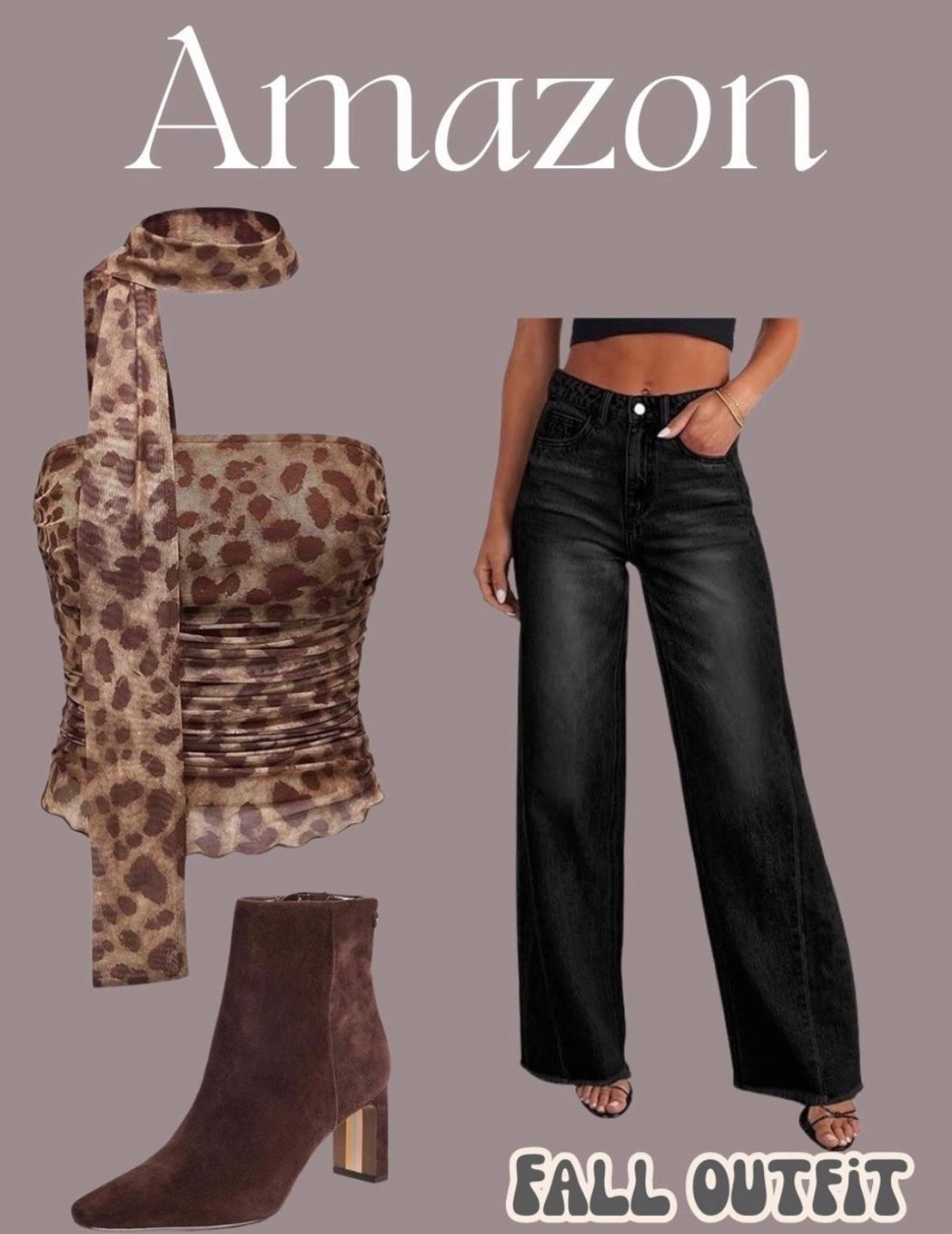 Fall outfit idea from Amazon 
Black jeans, barrel jeans, fall denim, leopard print, cheetah print, fall tops, fall fashion, fall ootd, brown boots, mocha brown booties, date night outfit, amazon style