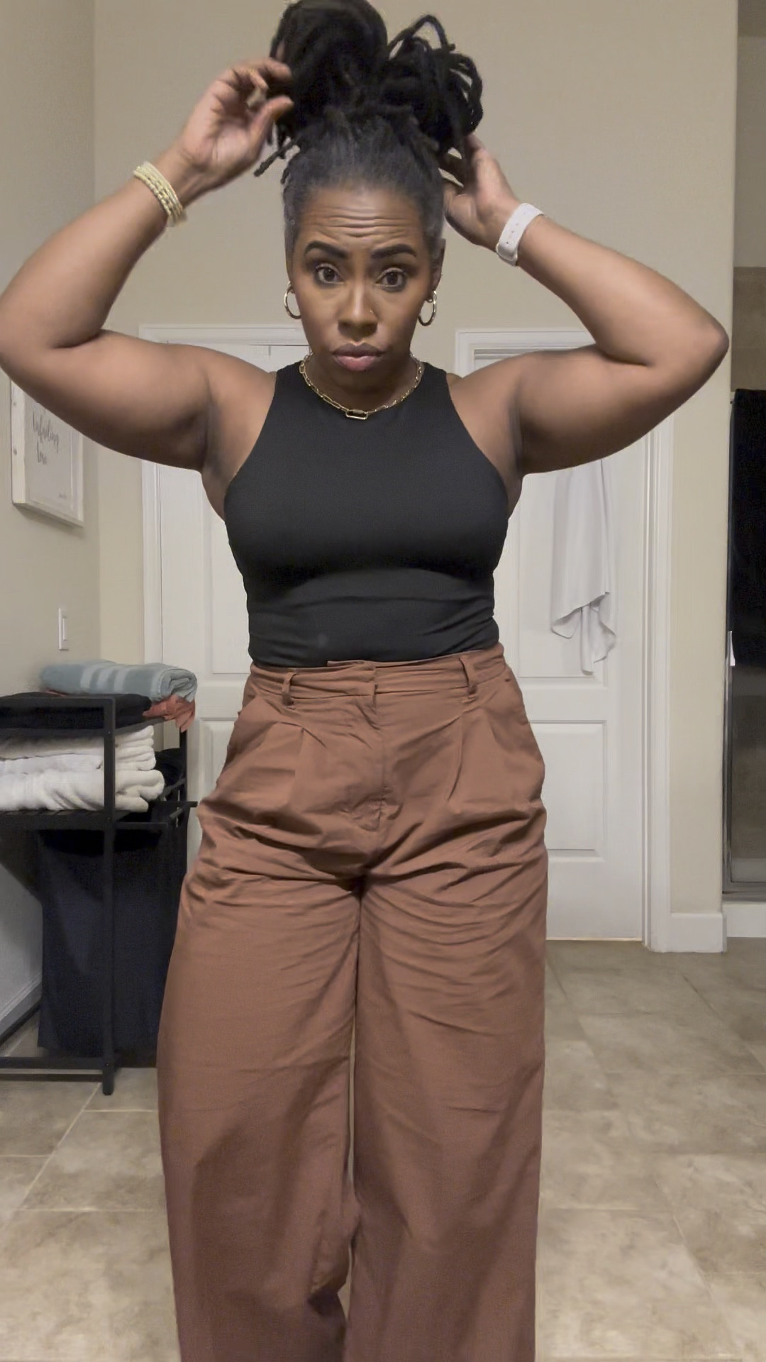 Casual little fit or holiday party! I’m really loving wide leg trousers these are an 8 and they have little buttons in the back to cinch the waist more. This bodysuit is a fav that I wear under so many things. I’m wearing a medium and it comes in so so many colors! Throw on a cute sandal and sweater and you got a quick casual outfit! 

#LTKBeauty #LTKWorkwear #LTKHoliday