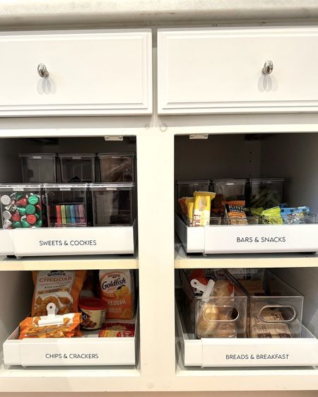 Combining slide out cabinet inserts and clear bins for kitchen organization. Organizing small spaces requires creativity and just the right products! 
#pantryorganization #smallspaces #smallkitchenorganization 