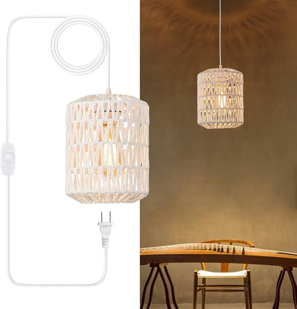Plug in Pendant Light, Rattan Hanging Lights with Plug in Cord 15ft Dimmable Cord, Hand Woven Wic... | Amazon (US)