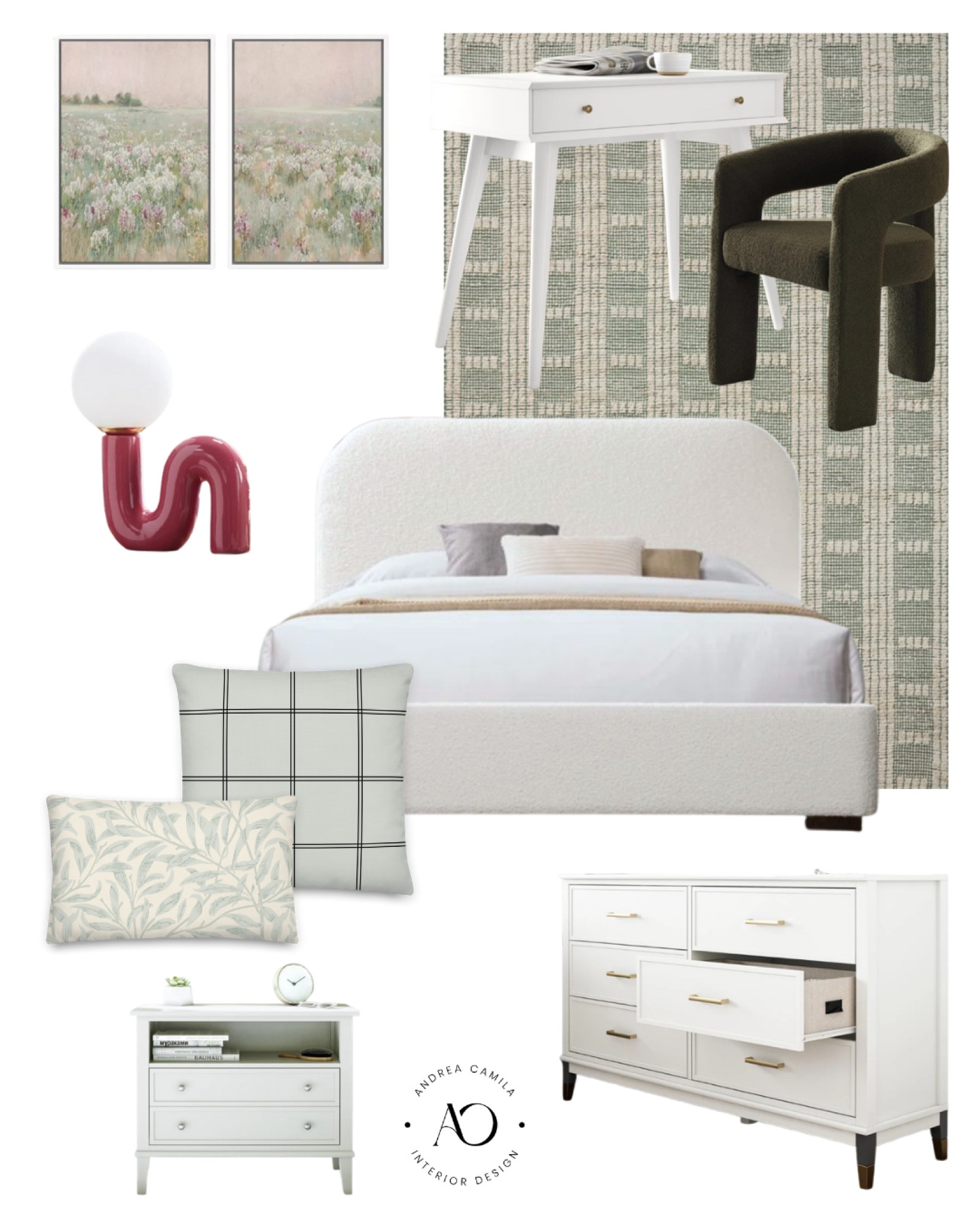 Affordable bedroom must haves. White boucle platform bed frame. White wood dresser. Drawer nightstand. Sage green area rug. Best arm chair. Wood white desk. Unique table lamp. Pink and green wall art. Sage green pillow cover. Hello home decor. White bedroom 

#LTKhome #LTKfindsunder50 #LTKsalealert
