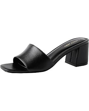 PIZZ ANNU Women's Square Open Toe Heels Sandals Low Block Chunky Heeled Sandal Slip on Mules Comf... | Amazon (US)