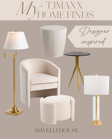 Designer inspired home decor finds from TJ Maxx: accent chair, floor lamp, sidetable, table lamp, ottoman. 



#LTKhome #LTKsalealert #LTKFind