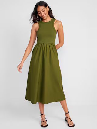 Fit & Flare High-Neck Combination Midi Dress for Women | Old Navy (US)