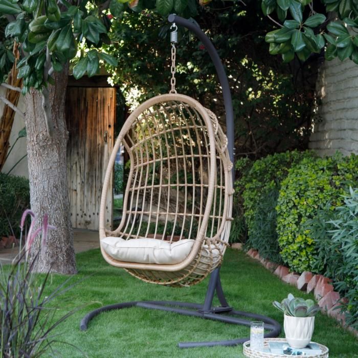 Belham Living Bali Resin Wicker Hanging Egg Chair with Cushion and Stand | Hayneedle