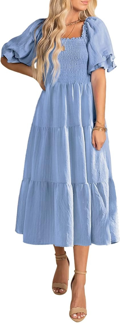 Annebouti Women Summer Square Neck Puff Sleeve Off Shoulder Ruffle Tiered Smocked Midi Dress | Amazon (US)