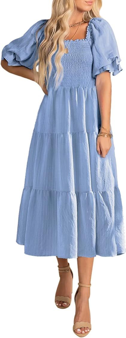 Annebouti Women Summer Square Neck Puff Sleeve Off Shoulder Ruffle Tiered Smocked Midi Dress | Amazon (US)