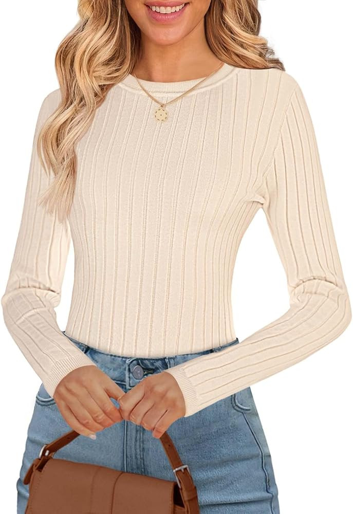 MEROKEETY Women's 2024 Long Sleeve Pullover Sweater Crew Neck Ribbed Slim Fitted Fall Knit Jumper... | Amazon (US)