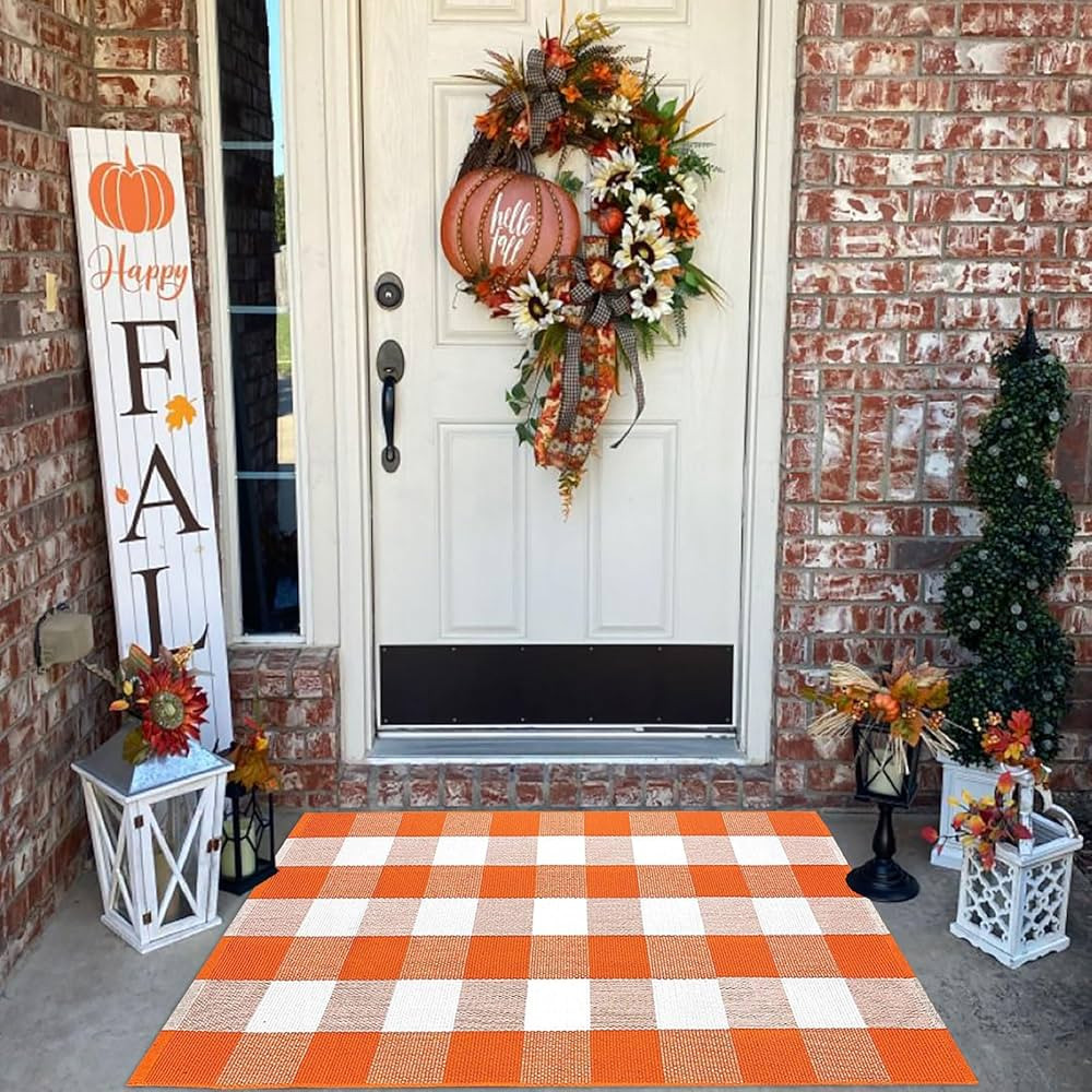 Buffalo Plaid Outdoor Rugs, 27.5''x43'' Orange and White Check Indoor/Outdoor Area Rug, Layering ... | Amazon (US)