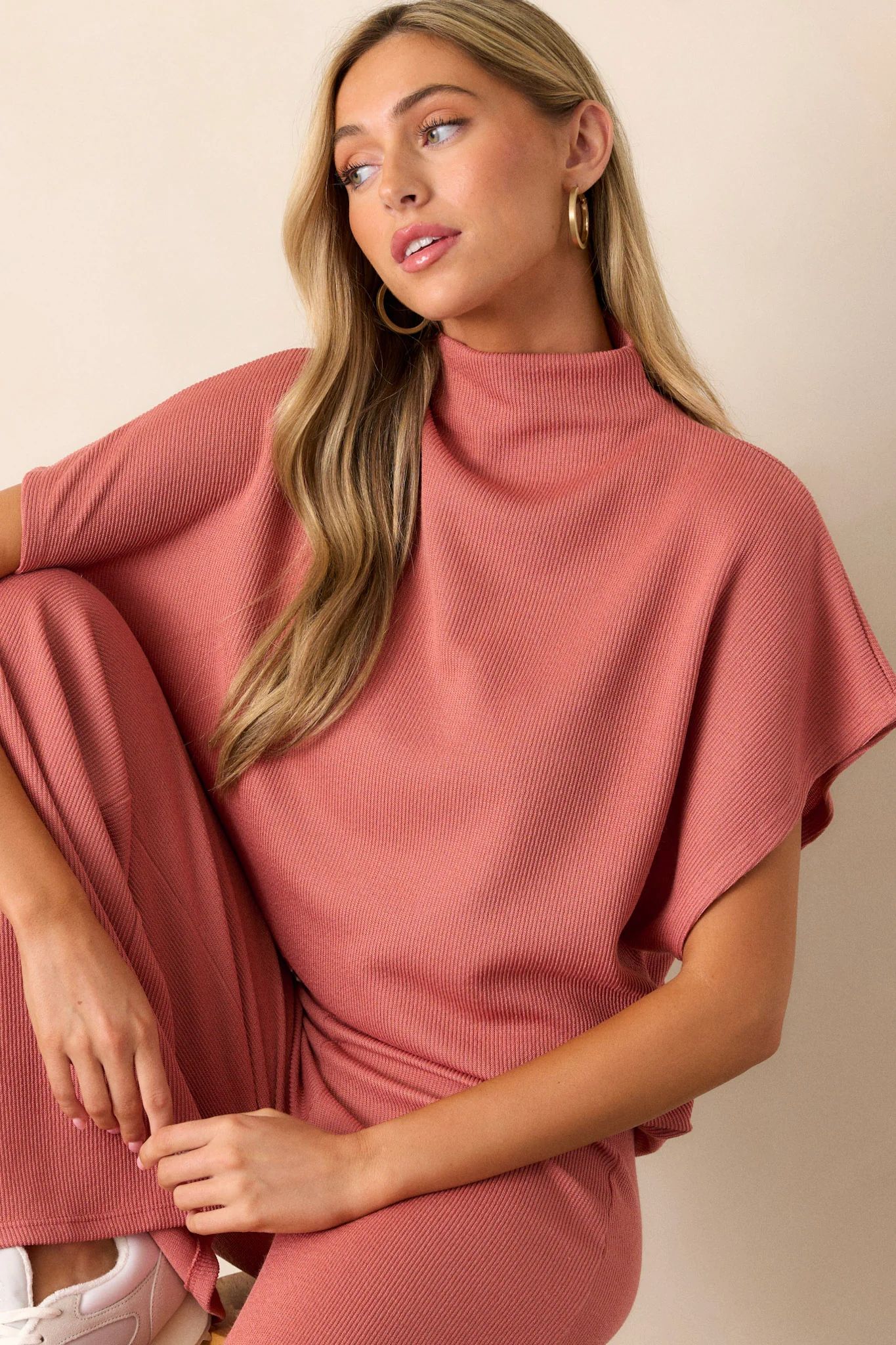 Carolina Plains Pink Coral Knit Mock Neck Top | Red Dress