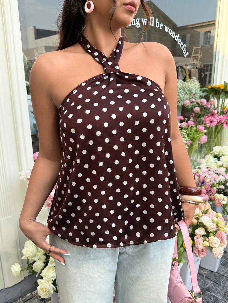 Polka dot tie halter top | SHEIN