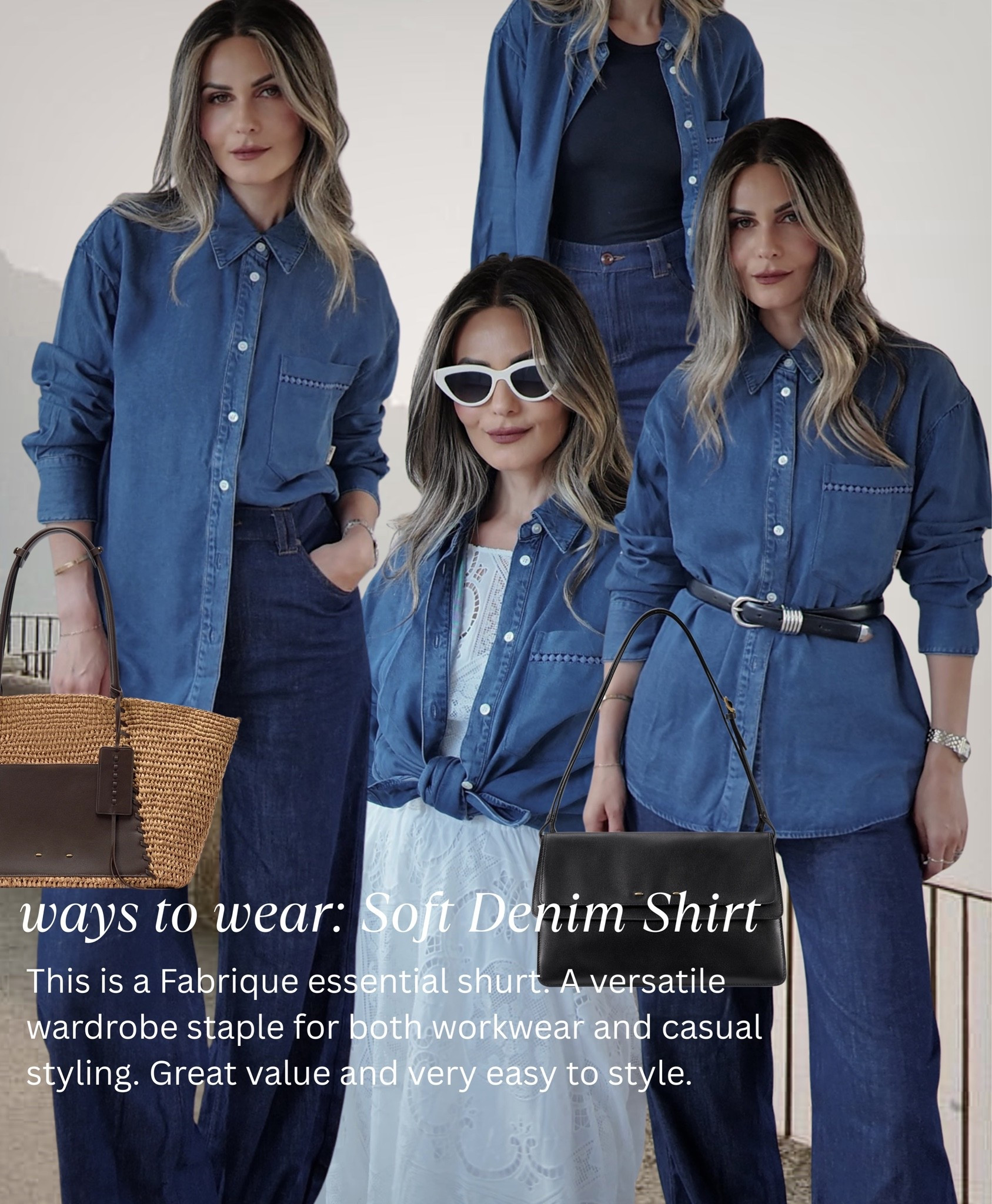 Ways to wear a summer denim style shirt. I love how fluid and light this shirt is - perfect for warmer days when you need a little extra layer. It’s by Fabrique and you can get 10% off by using code MyErna (works on all sale items too:) AD