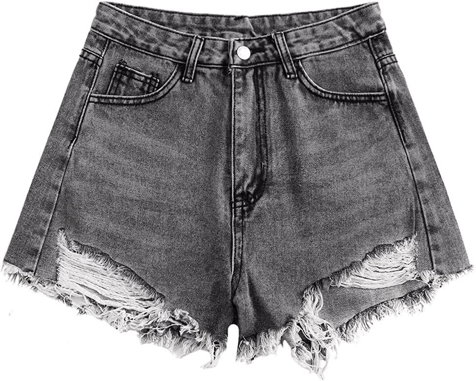 SweatyRocks Women's High Waist Denim Shorts Ripped Raw Hem Jean Shorts Casual Summer Hot Pants with  | Amazon (US)
