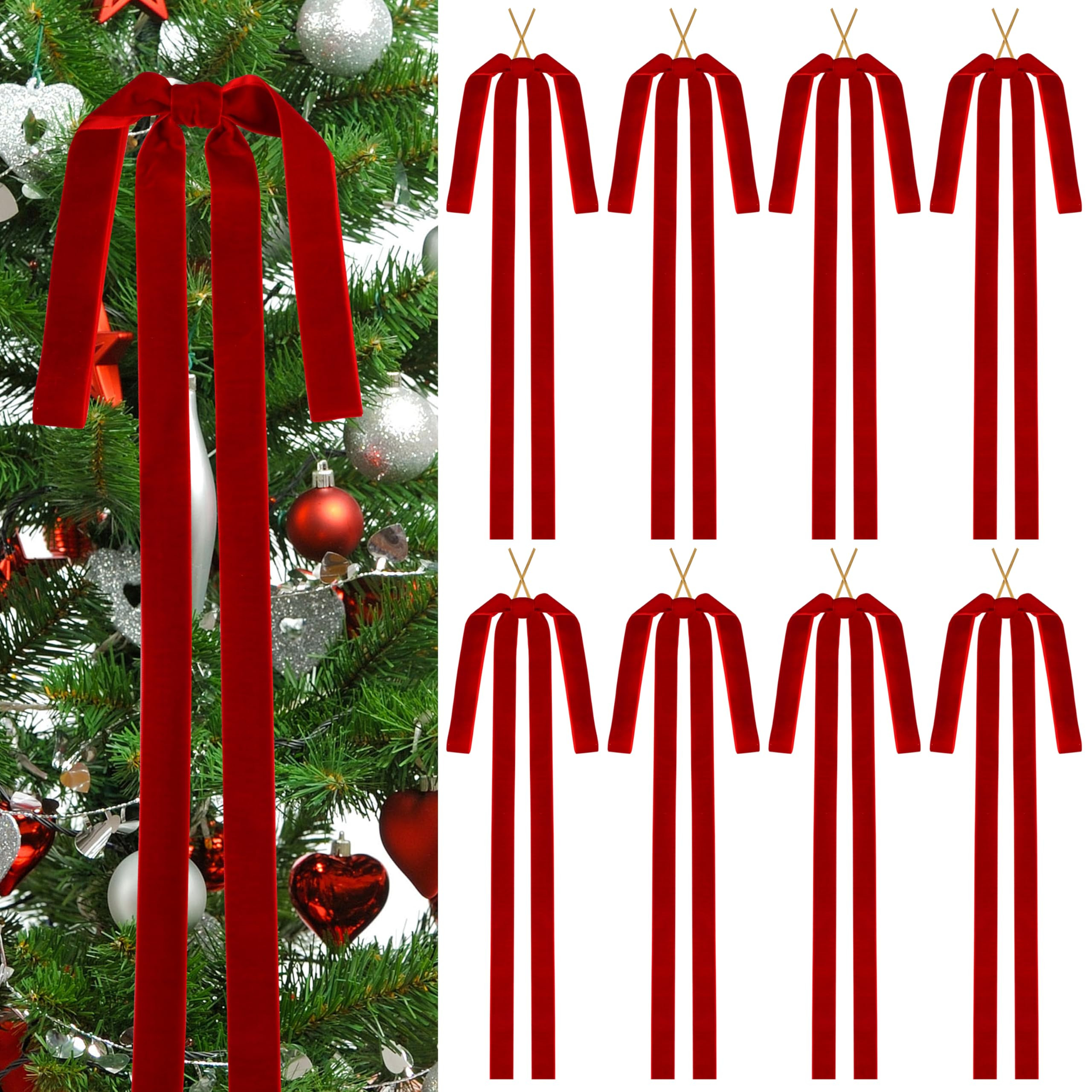 8Pcs Red Long Velvet Ribbon Bows,24x15 Inch Large Bow Christmas Ornaments for Xmas Tree, Wreath, ... | Amazon (US)