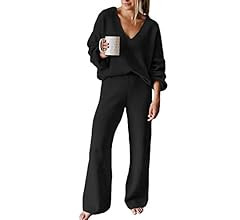 AOHITE Womens Knit Sweater Pajamas Set V-neck Pullover Tops Wide Leg Pants Sleepwear Loungewear O... | Amazon (US)