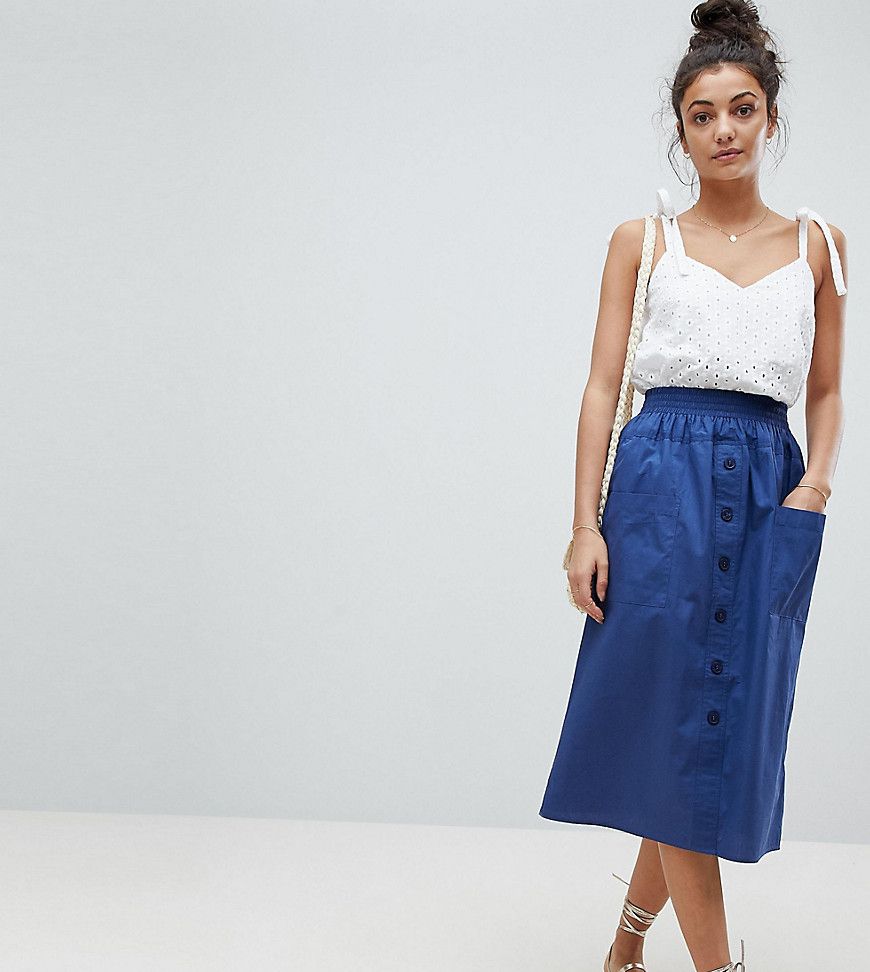 ASOS DESIGN Tall cotton midi skirt with button front - Navy | ASOS UK