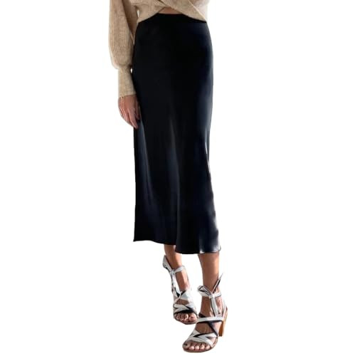 Ms.Jasmine Black Skirts for Women Midi Length Elegant High Elastic Waist Satin Silk Shiny Pull On Skirt Pencil Skirt | Amazon (US)