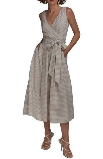 Donna Karan New York Gingham Linen Blend Faux-Wrap Midi Dress in Tuscan Grey at Nordstrom Rack, Size 8 | Nordstrom Rack