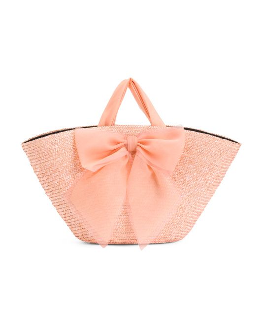 Straw Carlotta Tote With Satin Bow And Handles | TJ Maxx