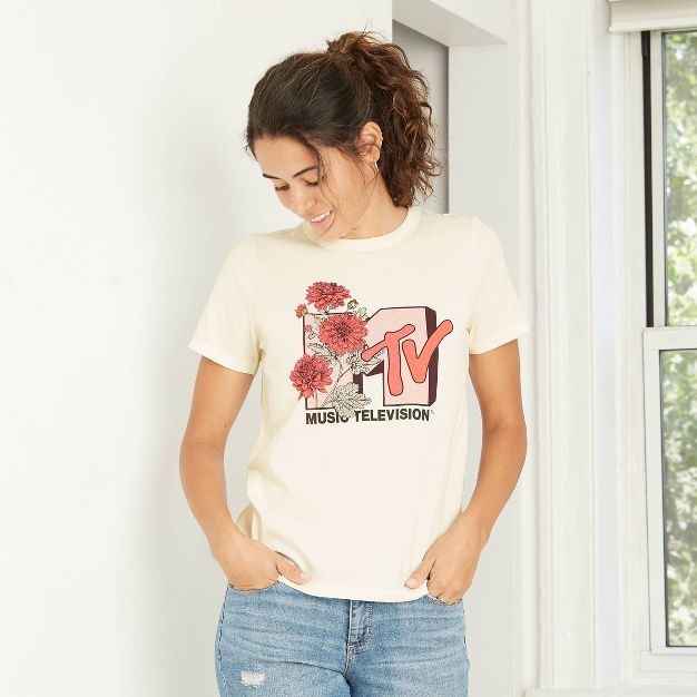 Women's MTV Floral Print Logo Short Sleeve Graphic T-Shirt | Target