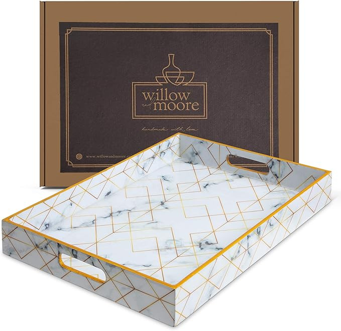 Large Decorative Serving Tray for Coffee Table - White and Gold Tray - Ottoman Tray - Home Decor ... | Amazon (US)